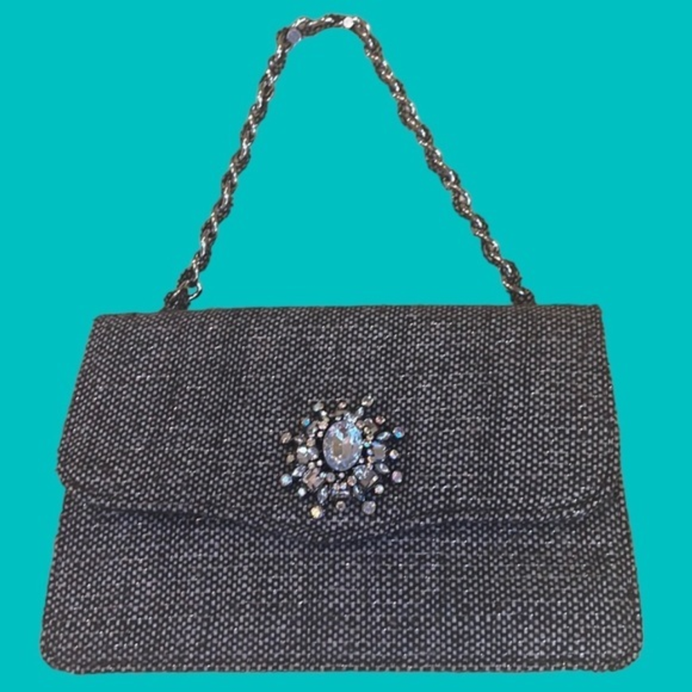 Brown Tweed Metallic Large‎ Rhinestone Center  Purse Chain Bag